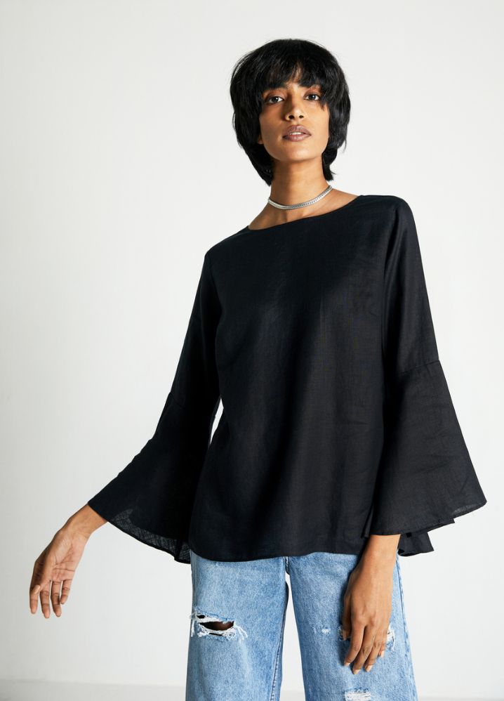 A Model Wearing  Black Hemp The Button Back Shirt, curated by Only Ethikal