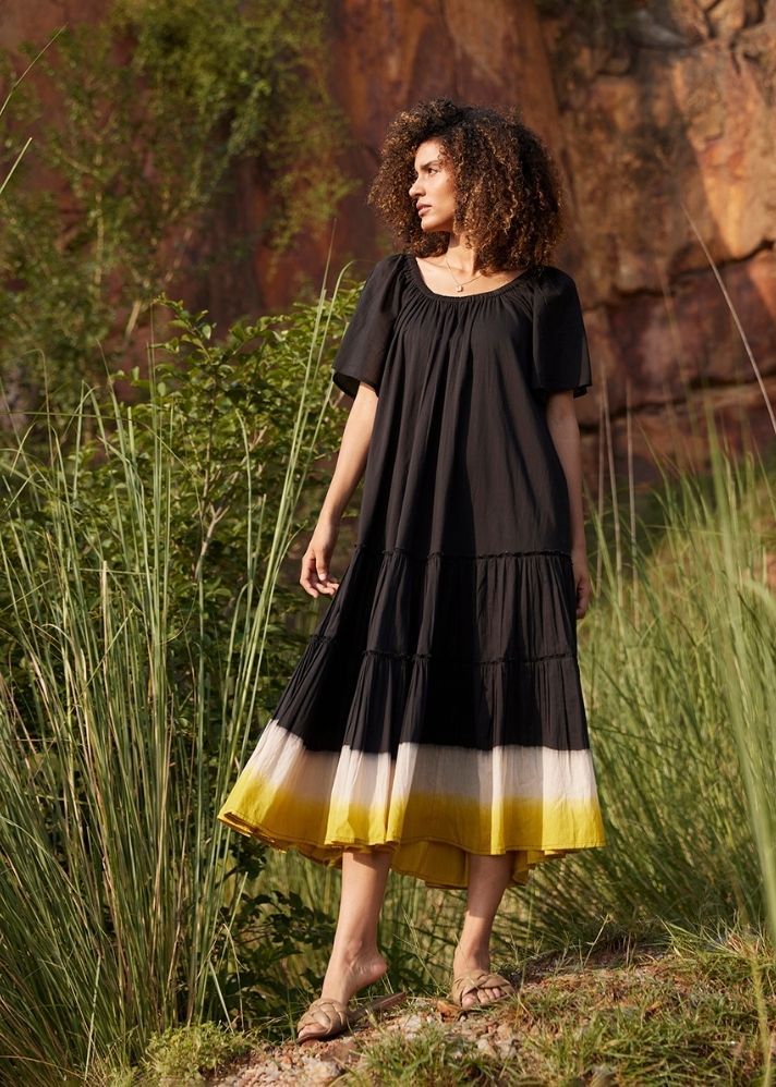 A Model Wearing Black Pure Cotton Dusty Ink Midi Dress, curated by Only Ethikal