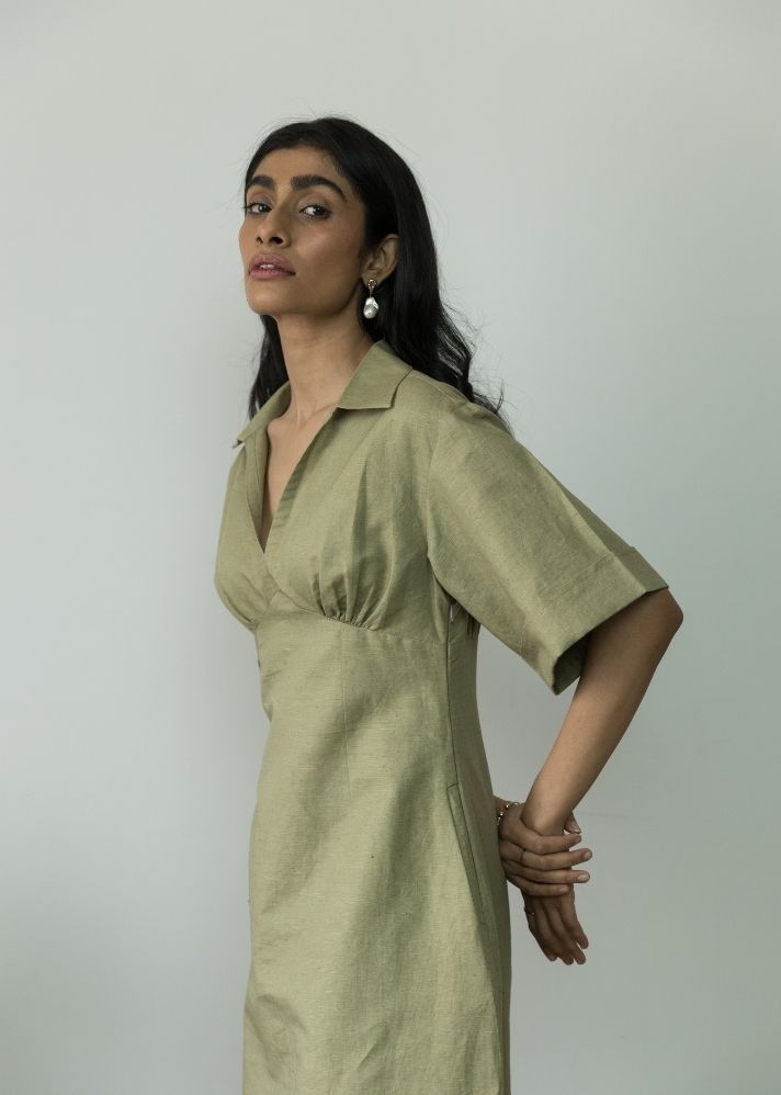 A Model Wearing Green Hemp Wide Sleeve Collared Midi, curated by Only Ethikal