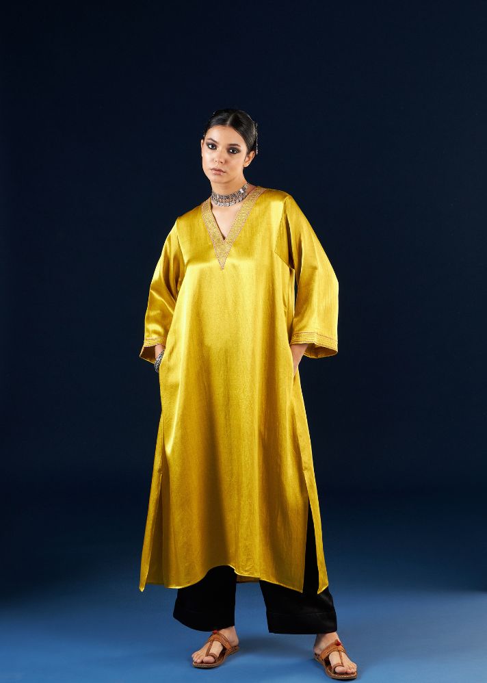 A Model Wearing Multicolor Silk Gold yellow & Coal Black A line Kurta set- FC-2309, curated by Only Ethikal