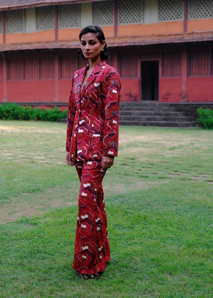 A Model Wearing Multicolor Silk Salima Silk Trousers, curated by Only Ethikal