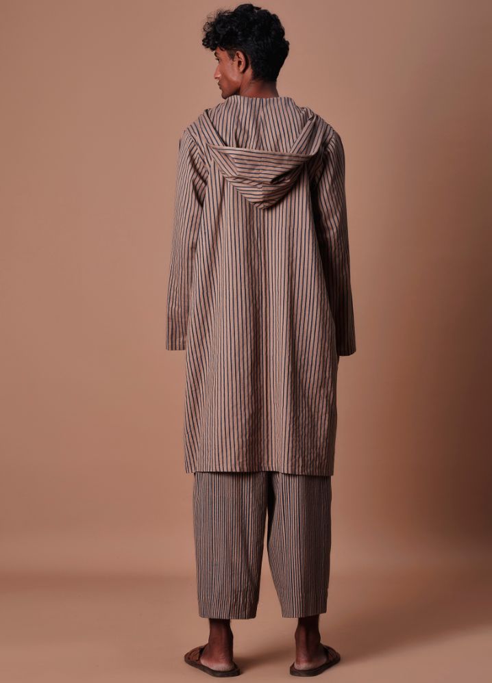 A Model Wearing  Striped Brown Pure Cotton Men's Hooded Brown Striped Set, curated by Only Ethikal