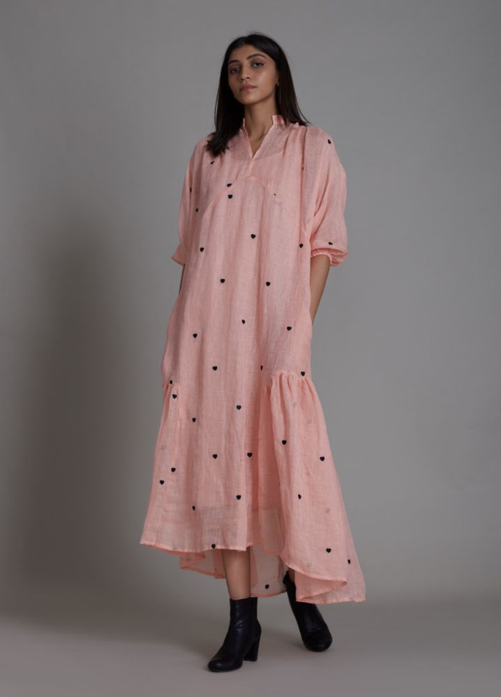 A Model Wearing Pink Linen Tiny Heart Dress- Pink, curated by Only Ethikal