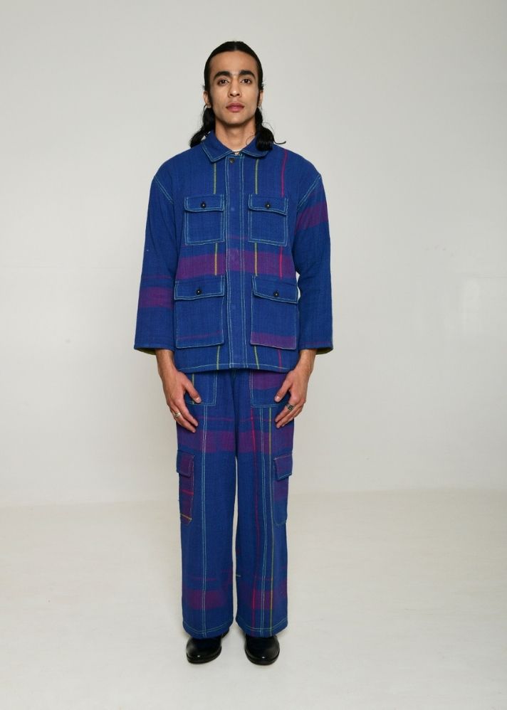 A Model Wearing Blue Handwoven Cotton Recycle Kiyoshi Shacket, curated by Only Ethikal