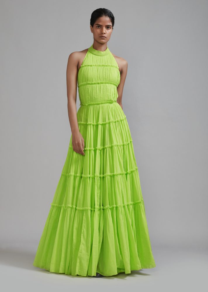 A Model Wearing Green  Handwoven cotton Neon Green Backless Tiered Gown, curated by Only Ethikal