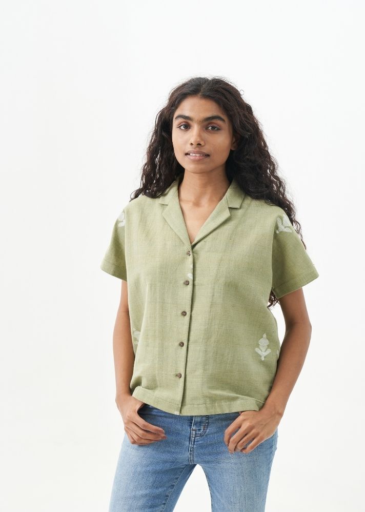 A Model Wearing Green Handwoven Cotton Laurel Green relaxed fit shirt, curated by Only Ethikal