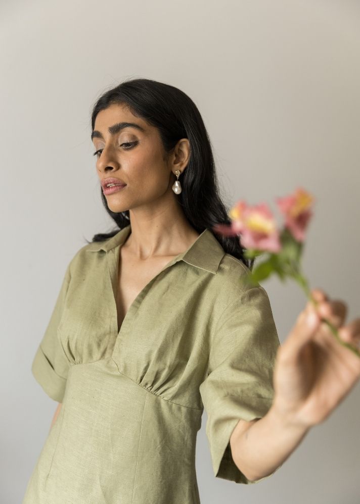 A Model Wearing Green Hemp Wide Sleeve Collared Midi, curated by Only Ethikal