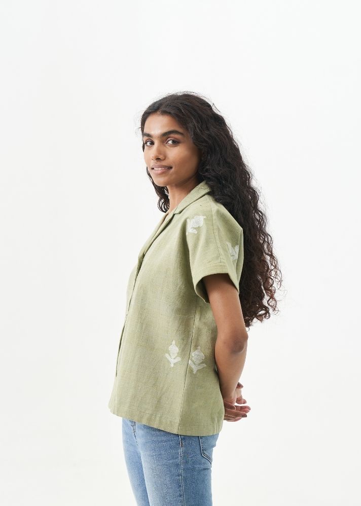 A Model Wearing Green Handwoven Cotton Laurel Green relaxed fit shirt, curated by Only Ethikal