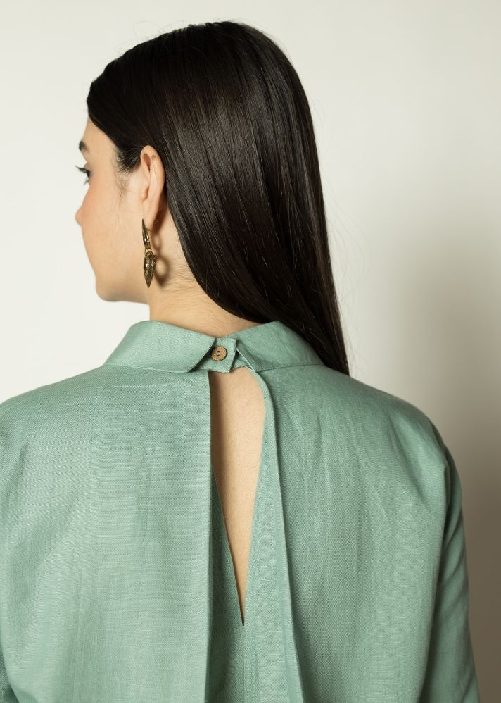 A Model Wearing Mint Hemp Ruched-Sleeves Shirt Dress, curated by Only Ethikal