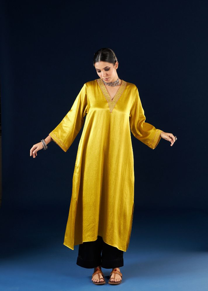 A Model Wearing Multicolor Silk Gold yellow & Coal Black A line Kurta set- FC-2309, curated by Only Ethikal