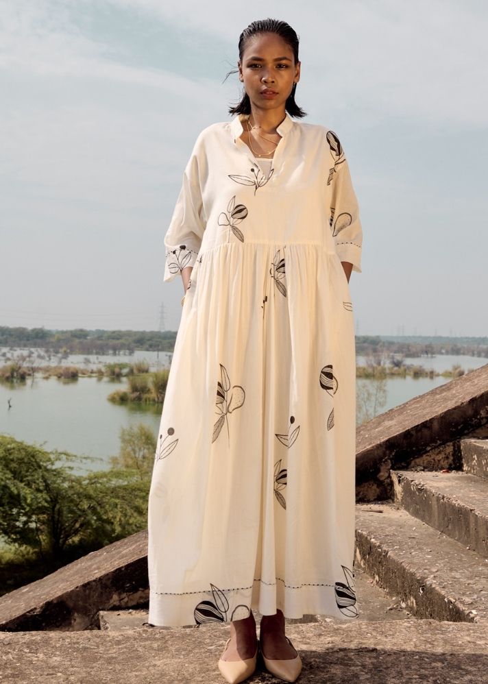 A Model Wearing Multicolor Pure Cotton Silverbill Maxi Dress, curated by Only Ethikal