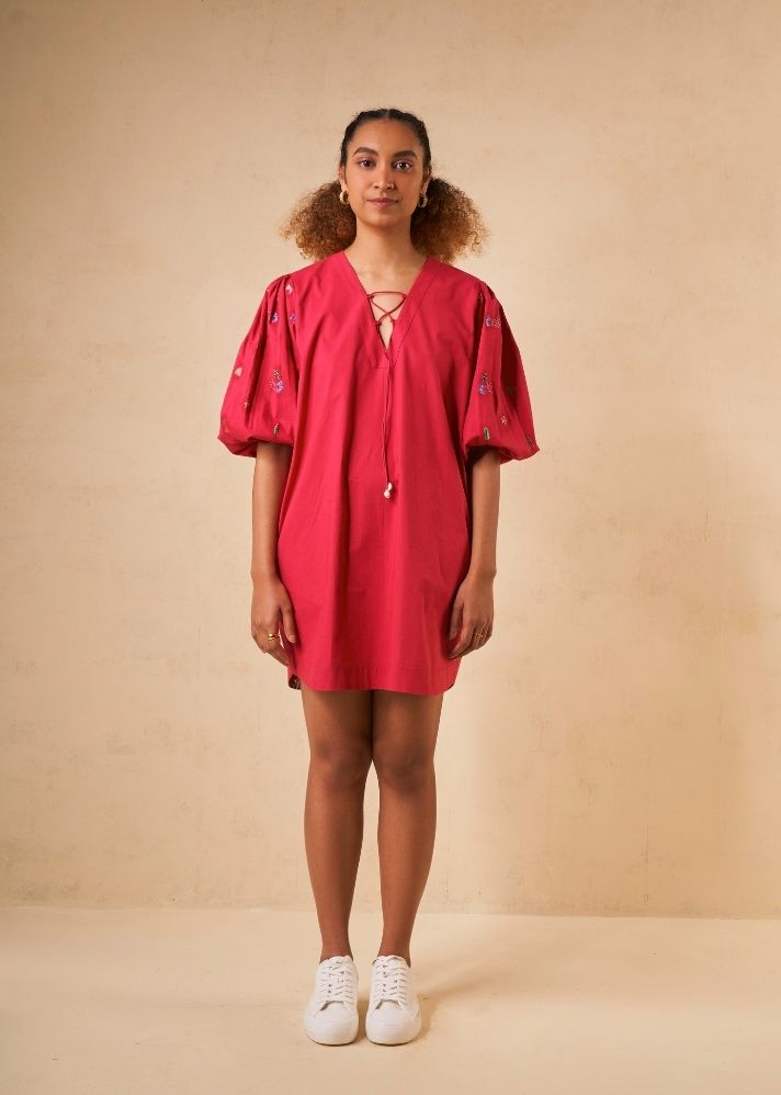 A Model Wearing Red Organic Cotton Coral Sunset organic cotton dress, curated by Only Ethikal
