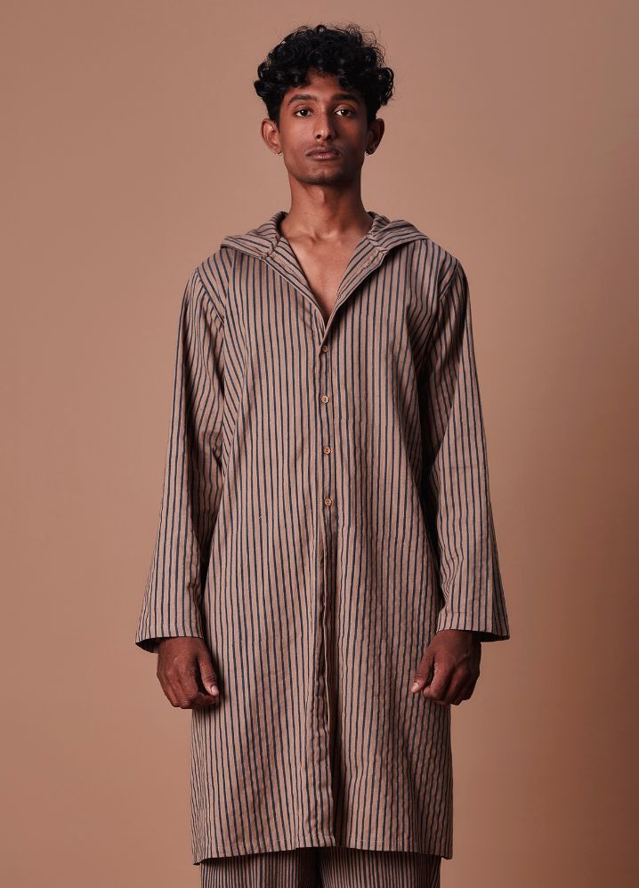 A Model Wearing  Striped Brown Pure Cotton Men's Hooded Brown Striped Set, curated by Only Ethikal