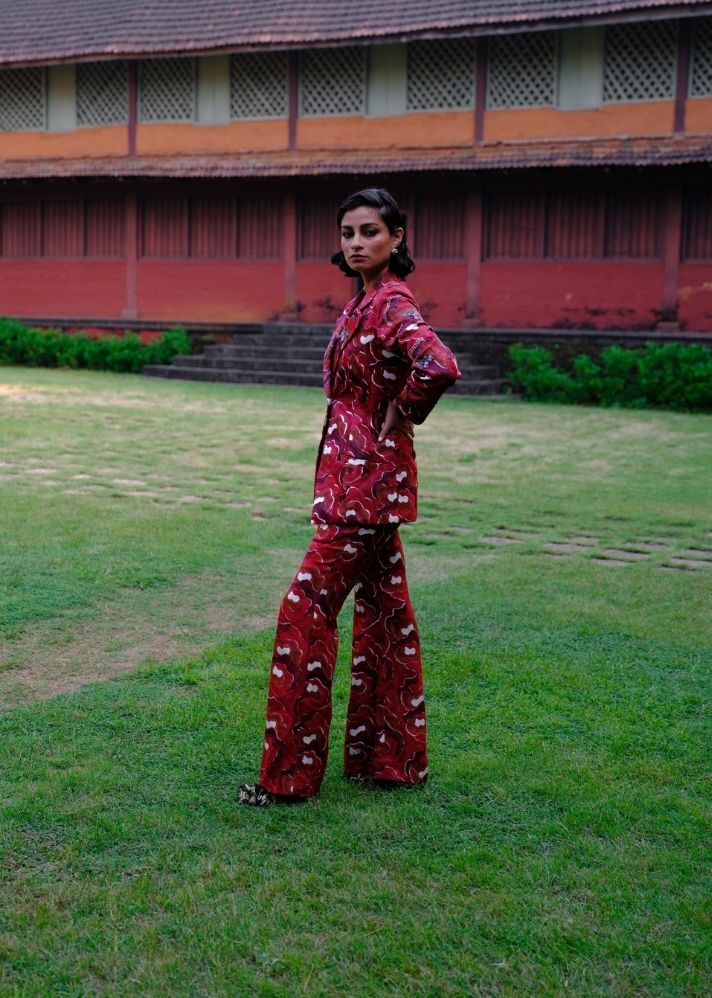 A Model Wearing Multicolor Silk Salima Silk Trousers, curated by Only Ethikal