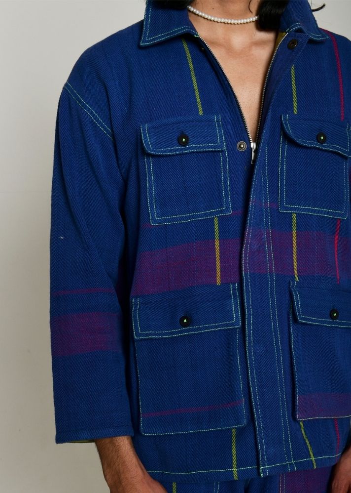 A Model Wearing Blue Handwoven Cotton Recycle Kiyoshi Shacket, curated by Only Ethikal