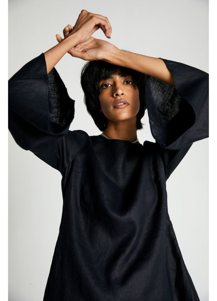 A Model Wearing  Black Hemp The Button Back Shirt, curated by Only Ethikal