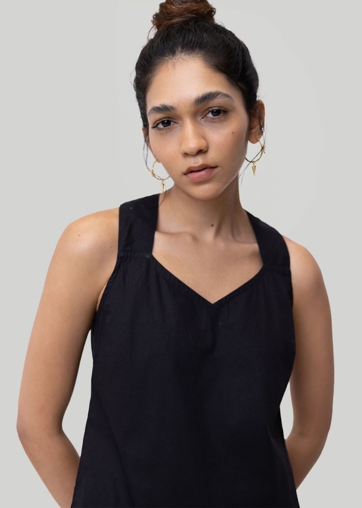 A Model Wearing Black Pure Cotton Crossback button up tank top Black, curated by Only Ethikal
