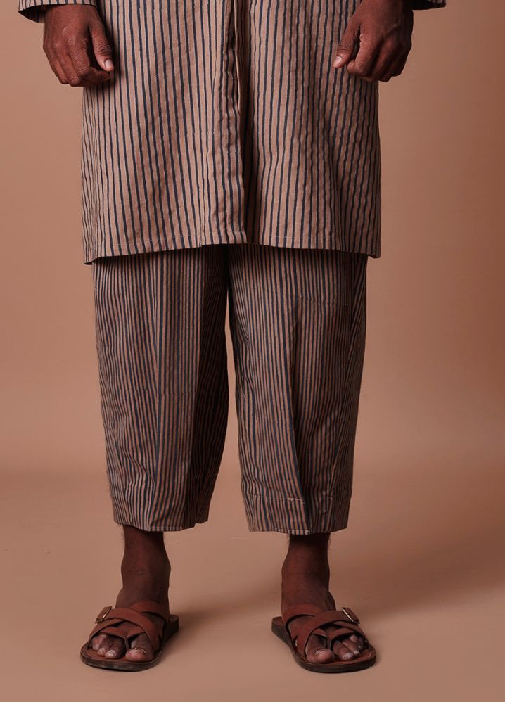 A Model Wearing  Striped Brown Pure Cotton Men's Hooded Brown Striped Set, curated by Only Ethikal