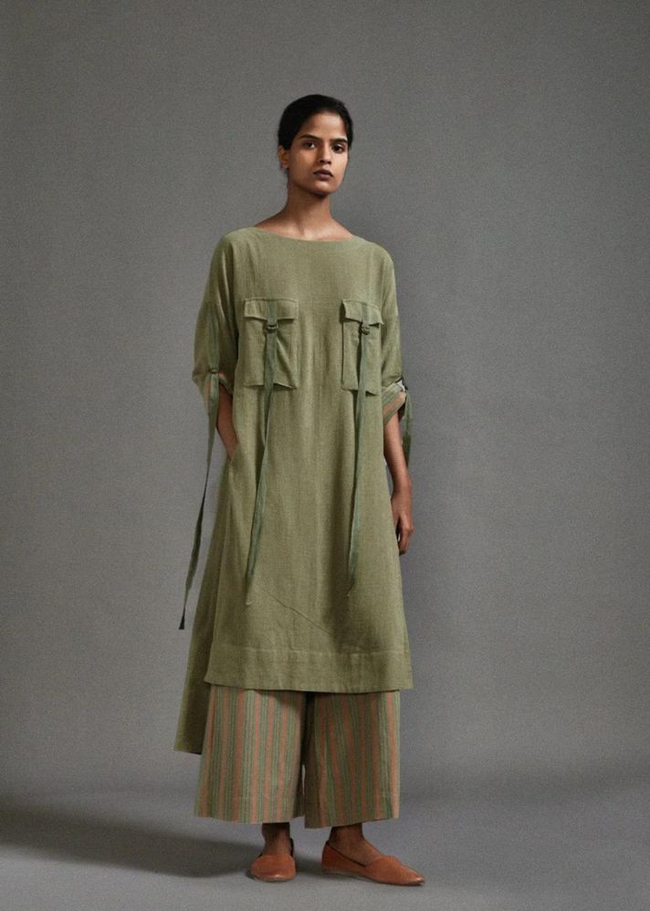 A Model Wearing Green Handwoven Cotton New Ruka Tunic Set , curated by Only Ethikal