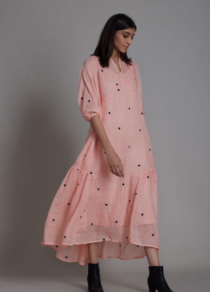 A Model Wearing Pink Linen Tiny Heart Dress- Pink, curated by Only Ethikal