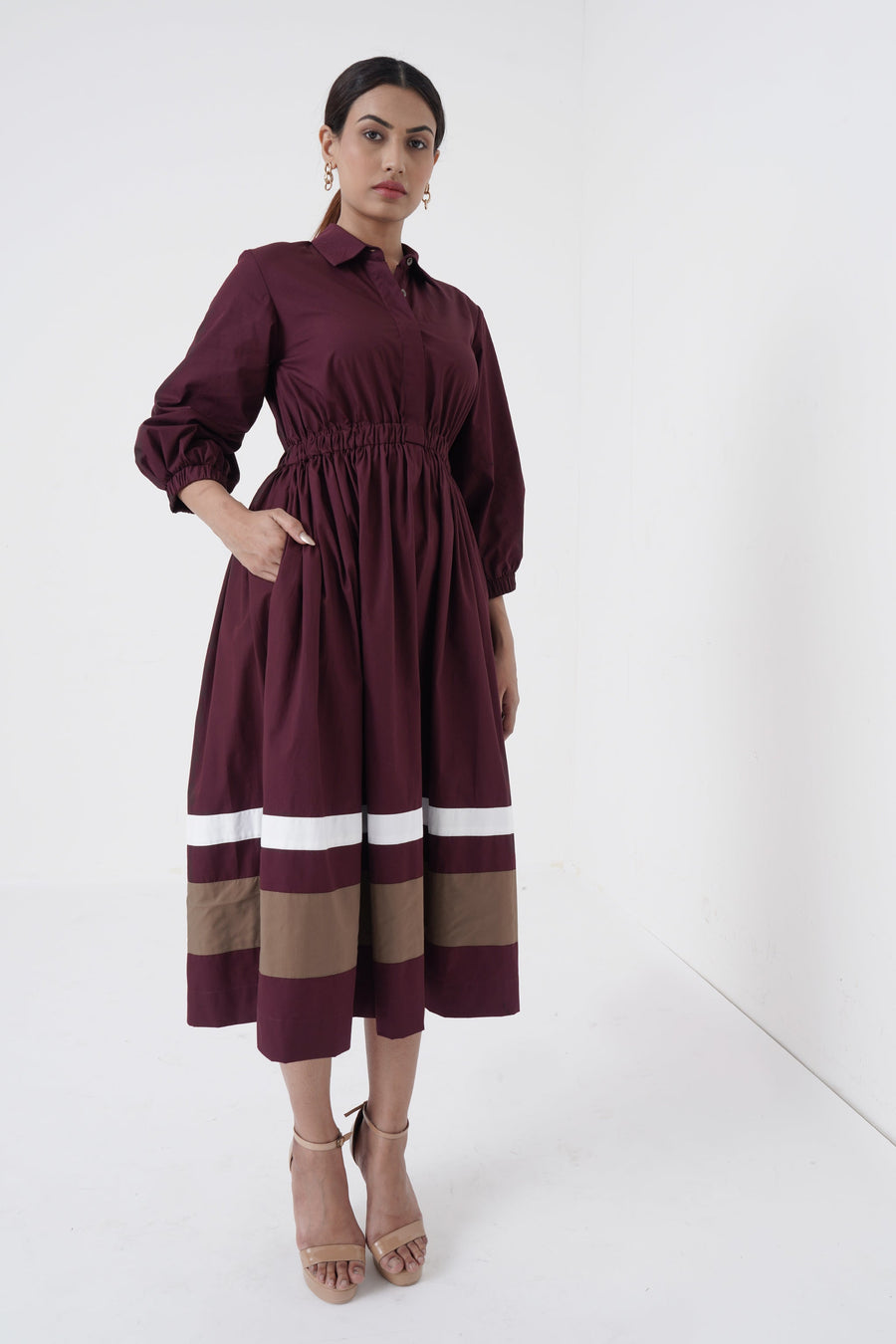 A Model Wearing Brown Pure Cotton Kosher- Shirt collar waist elastic, two contrast stripe- Wine, curated by Only Ethikal