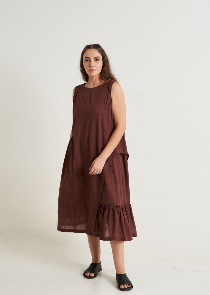 A Model Wearing Brown Handwoven Cotton Cocoa Brown Pleated Twirl Dress, curated by Only Ethikal