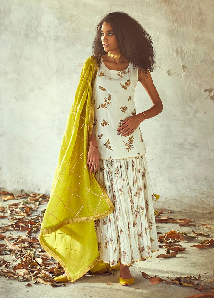 A Model Wearing Yellow Pure Cotton Nargis Ghagra (Set Of 3), curated by Only Ethikal
