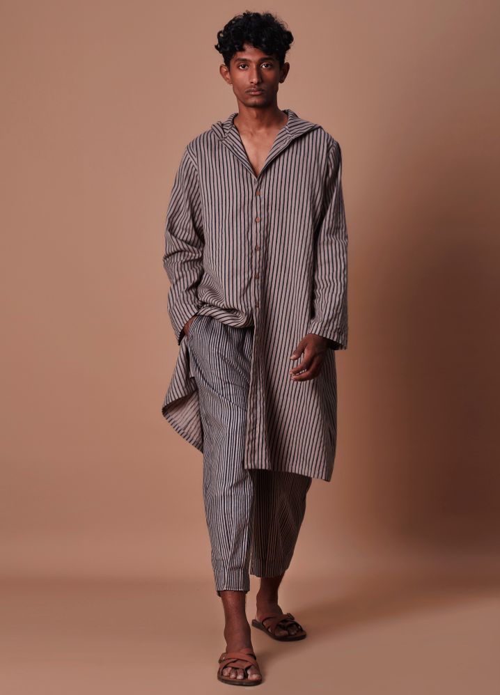 A Model Wearing  Striped Grey Pure Cotton Men's Hooded Grey Striped Set, curated by Only Ethikal