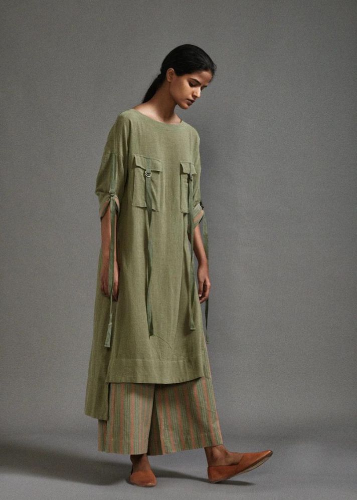 A Model Wearing Green Handwoven Cotton New Ruka Tunic , curated by Only Ethikal