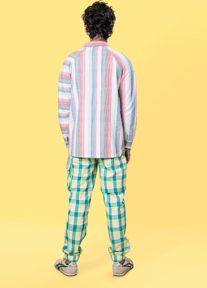 A model wearing Checkered Multicolor Handwoven Cotton Jogger Pants, curated by Only Ethikal