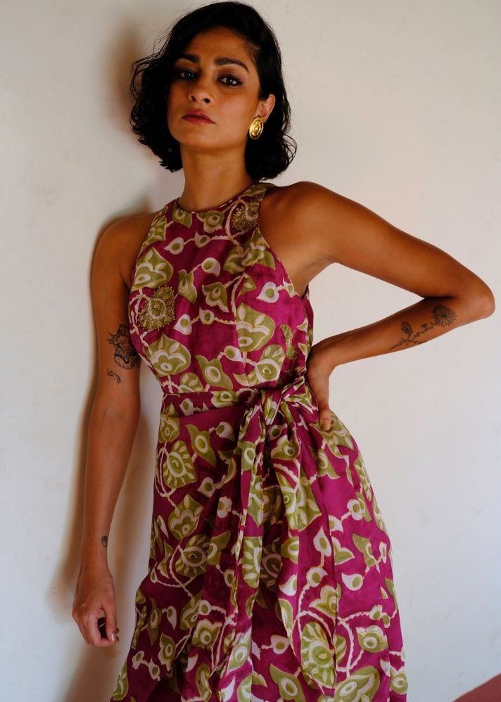 A Model Wearing Multicolor Silk Jahan Dress, curated by Only Ethikal