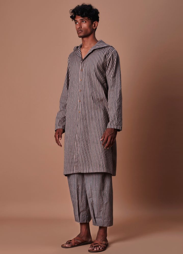 A Model Wearing  Striped Grey Pure Cotton Men's Hooded Grey Striped Set, curated by Only Ethikal