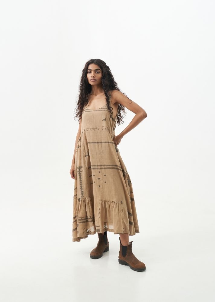 A Model Wearing Beige Handwoven Cotton Nutmeg Tiered Hand Woven Slip Dress, curated by Only Ethikal