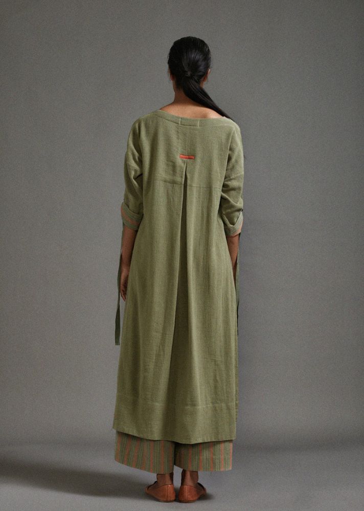 A Model Wearing Green Handwoven Cotton New Ruka Tunic , curated by Only Ethikal