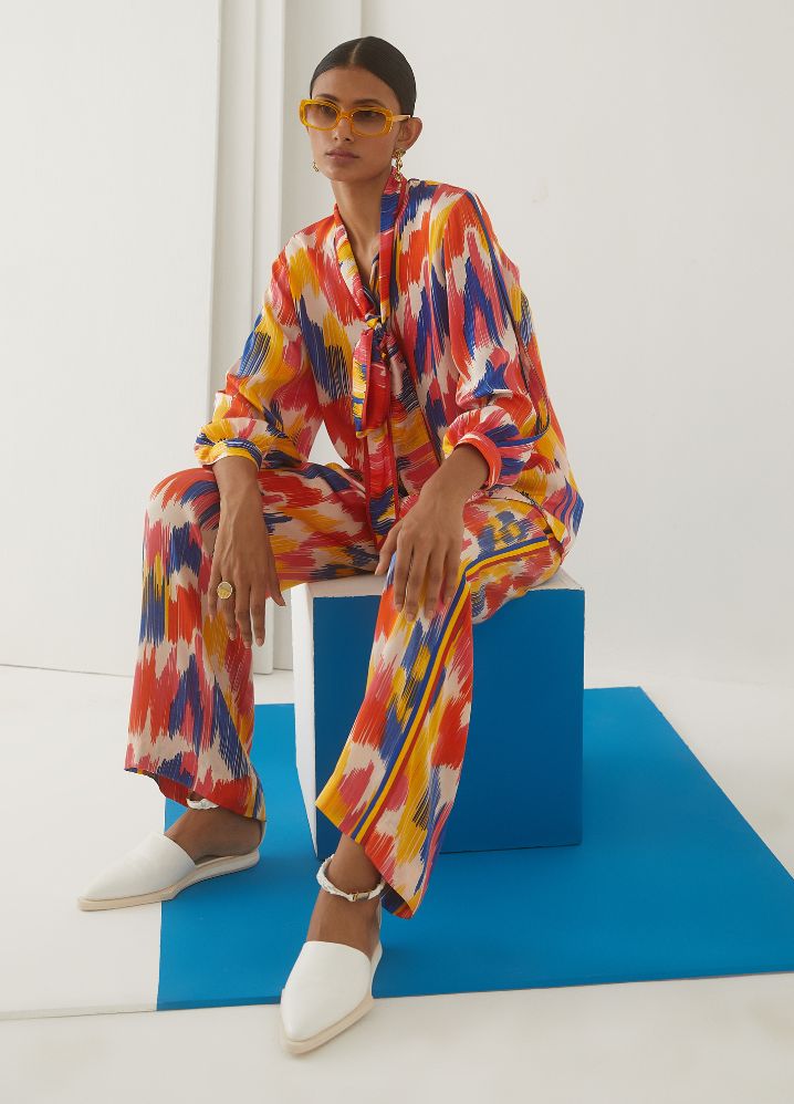A Model Wearing  Digital Print Multicolor Bemberg Ikat Shirt Front Knot & Trousers, curated by Only Ethikal