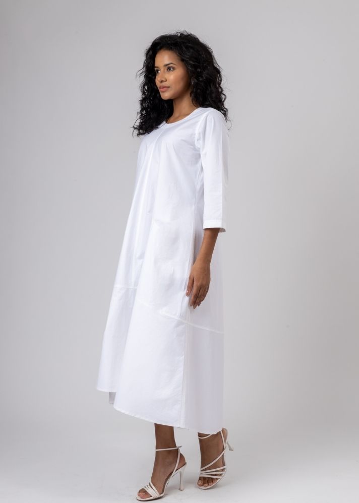 A Model Wearing White Upcycled Cotton Jill White Dress, curated by Only Ethikal