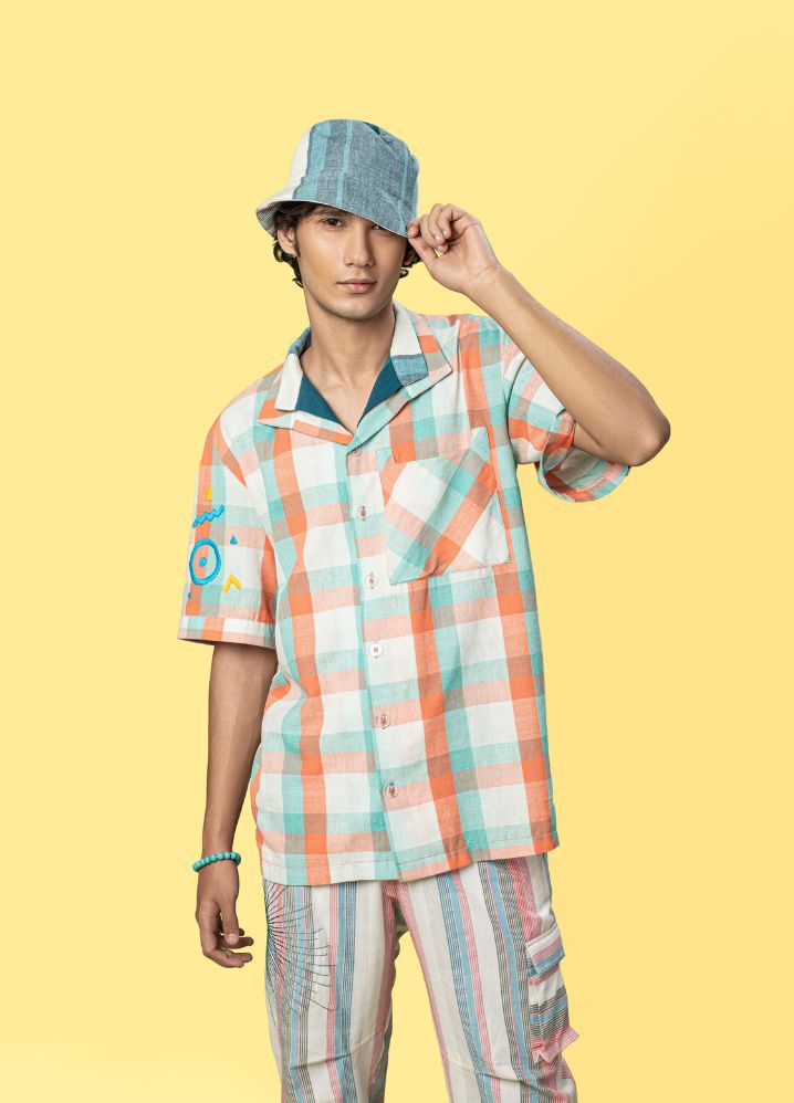 A model wearing Checkered Multicolor Handwoven Cotton Double Collar Shirt, curated by Only Ethikal