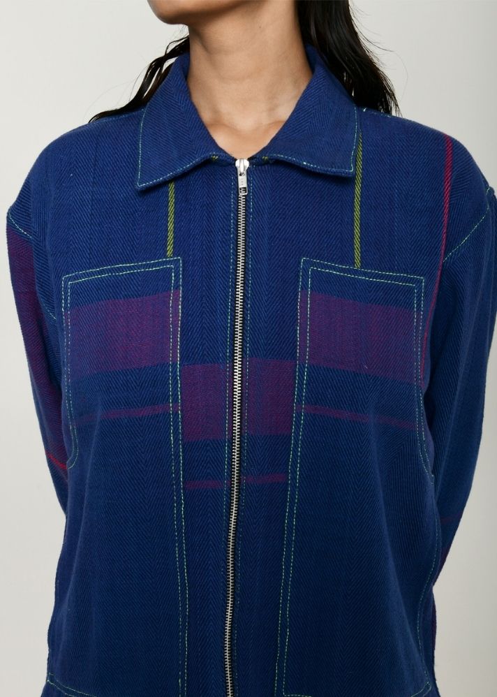 A Model Wearing Blue Handwoven Cotton Recycle Daiki Shacket, curated by Only Ethikal