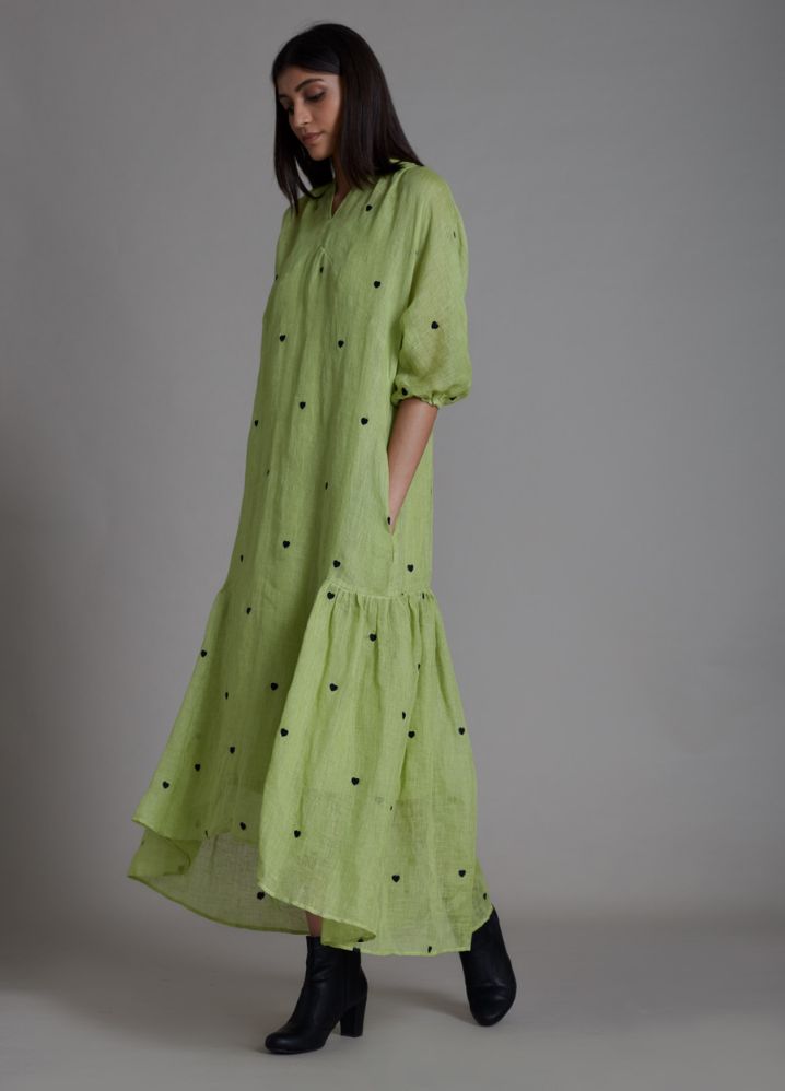 A Model Wearing Green Linen Tiny Heart Dress- Green, curated by Only Ethikal