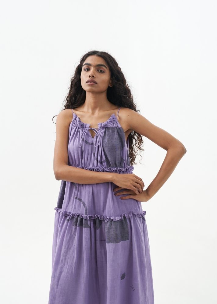 A Model Wearing Purple Handwoven Cotton Bright lilac midi dress, curated by Only Ethikal