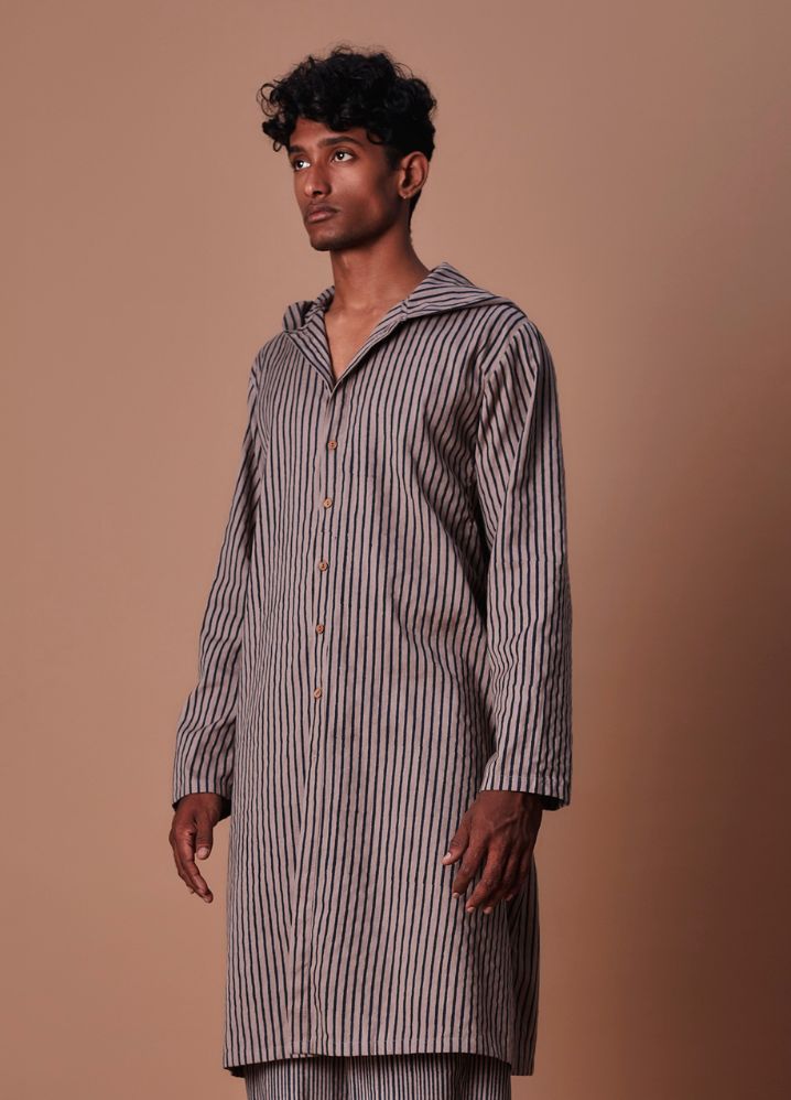 A Model Wearing  Striped Grey Pure Cotton Men's Hooded Grey Striped Set, curated by Only Ethikal