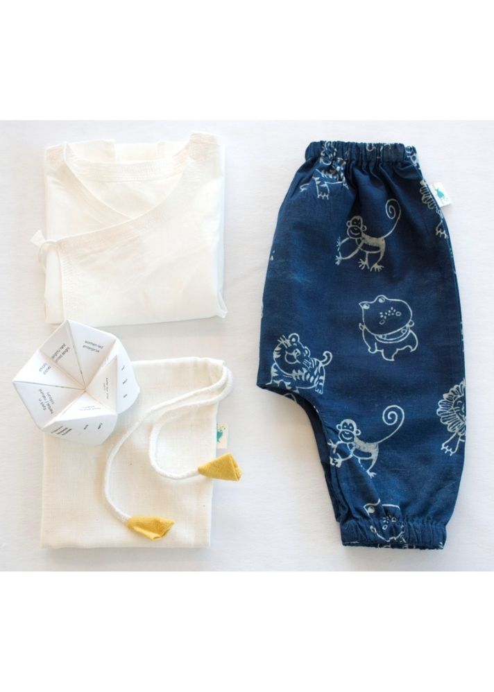 Unisex Organic White Angrakha Top & Zoo Print Indigo Pants