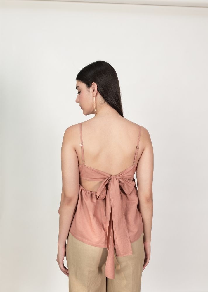 A Model Wearing Peach Hemp The Back Bow Top, curated by Only Ethikal