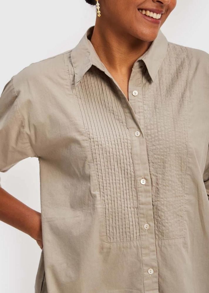 A Model Wearing Beige Cotton All in One Shirt Beige, curated by Only Ethikal