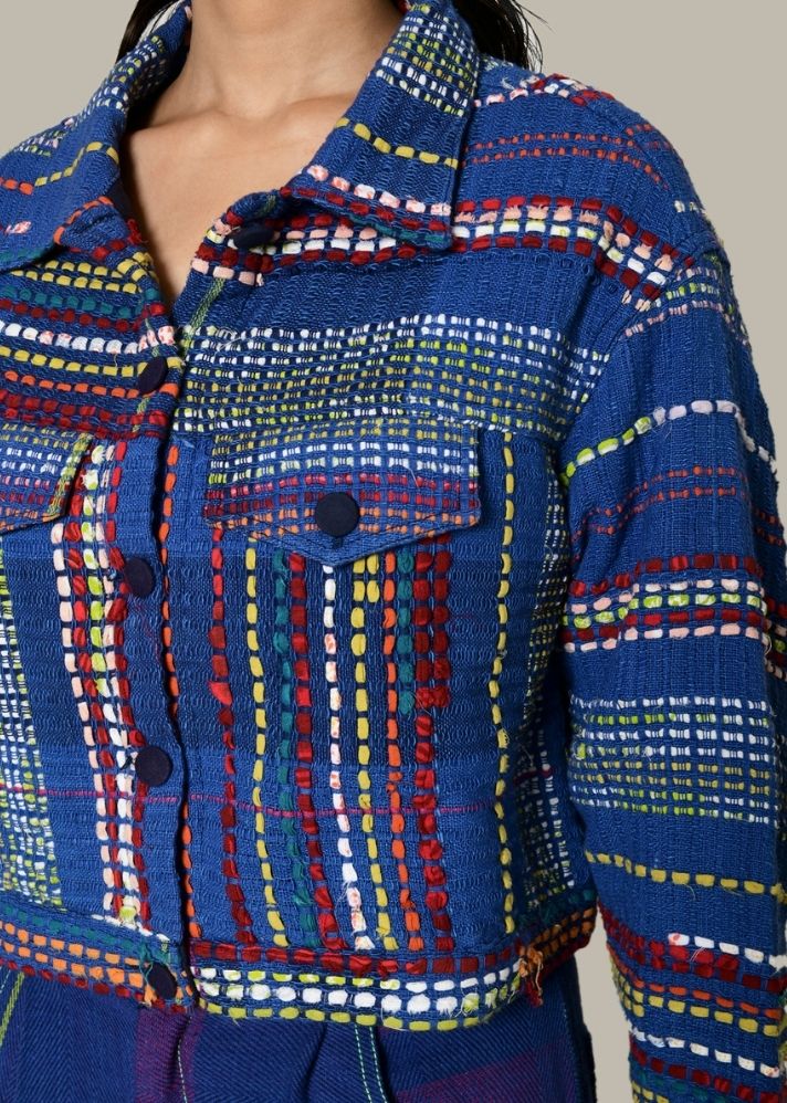 A Model Wearing Multicolor Handwoven Cotton Recycle Hana Jacket, curated by Only Ethikal