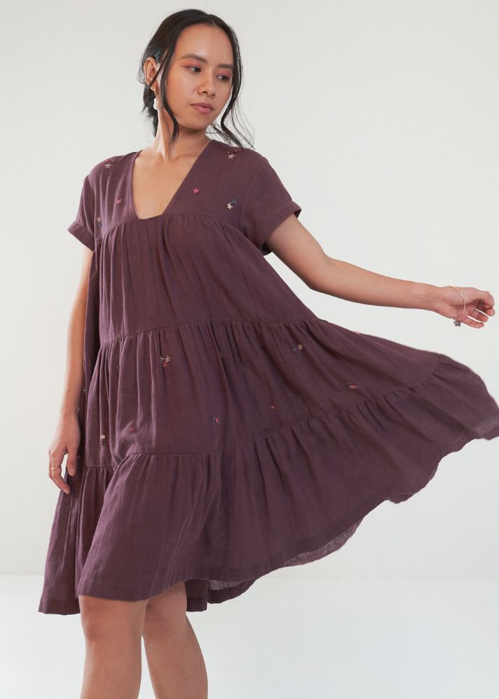 A Model Wearing Purple Handwoven Cotton The Midnight Garden Dress, curated by Only Ethikal