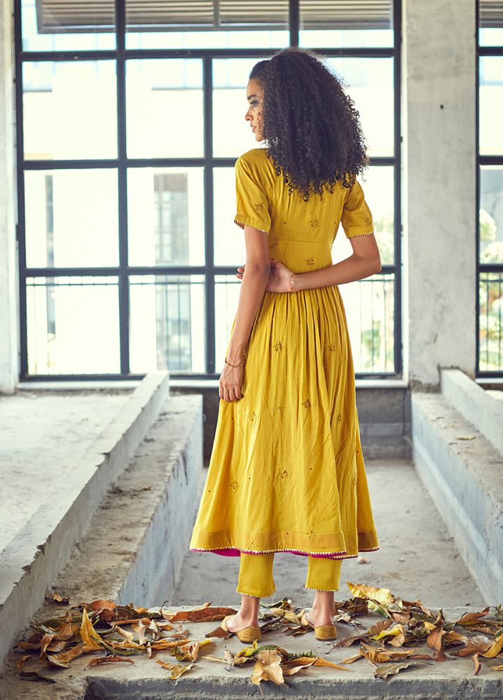 A Model Wearing Embroidered Yellow Pure Cotton Genda Choga Set, curated by Only Ethikal