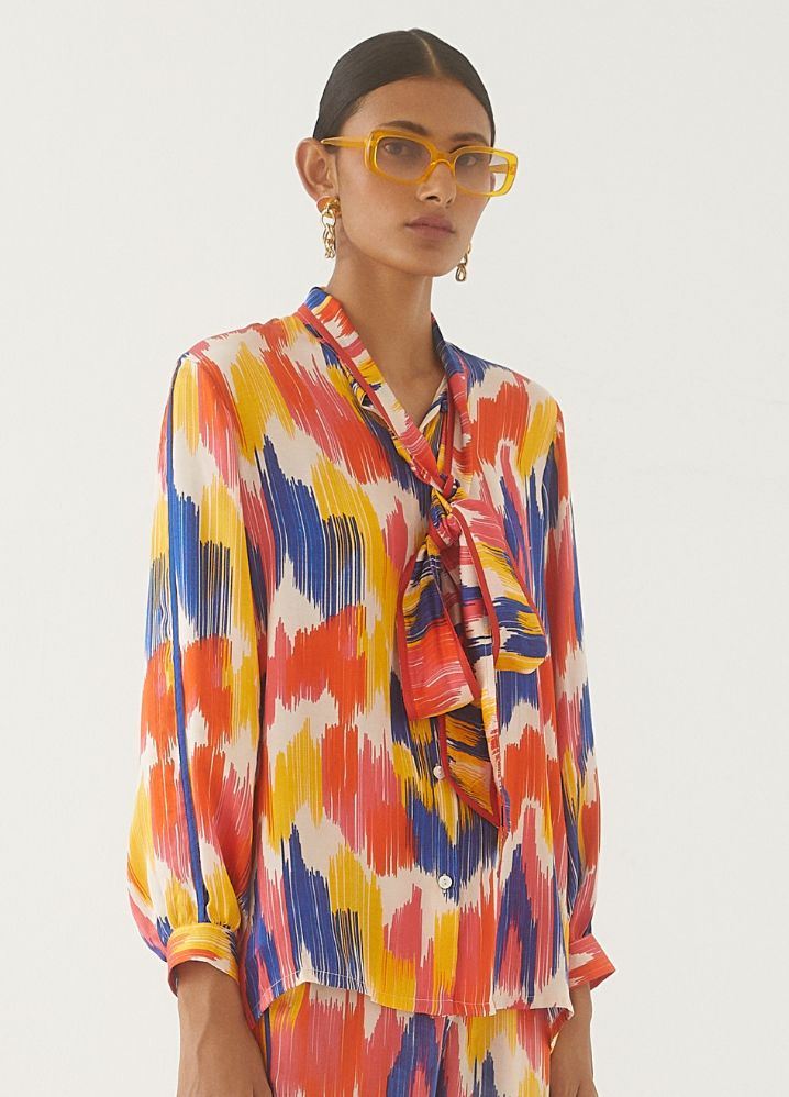A Model Wearing  Digital Print Multicolor Bemberg Ikat Shirt Front Knot & Trousers, curated by Only Ethikal