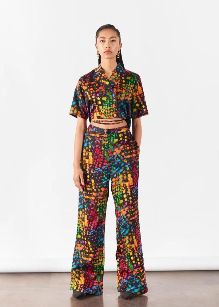 A Model Wearing Multicolor Organic Cupro Wildflower Print Crop Blazer And Pants Co-Ord, curated by Only Ethikal