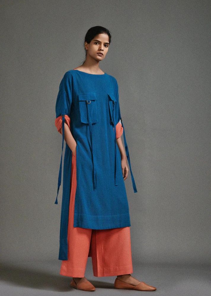 A Model Wearing Blue Handwoven Cotton New Ruka Tunic , curated by Only Ethikal